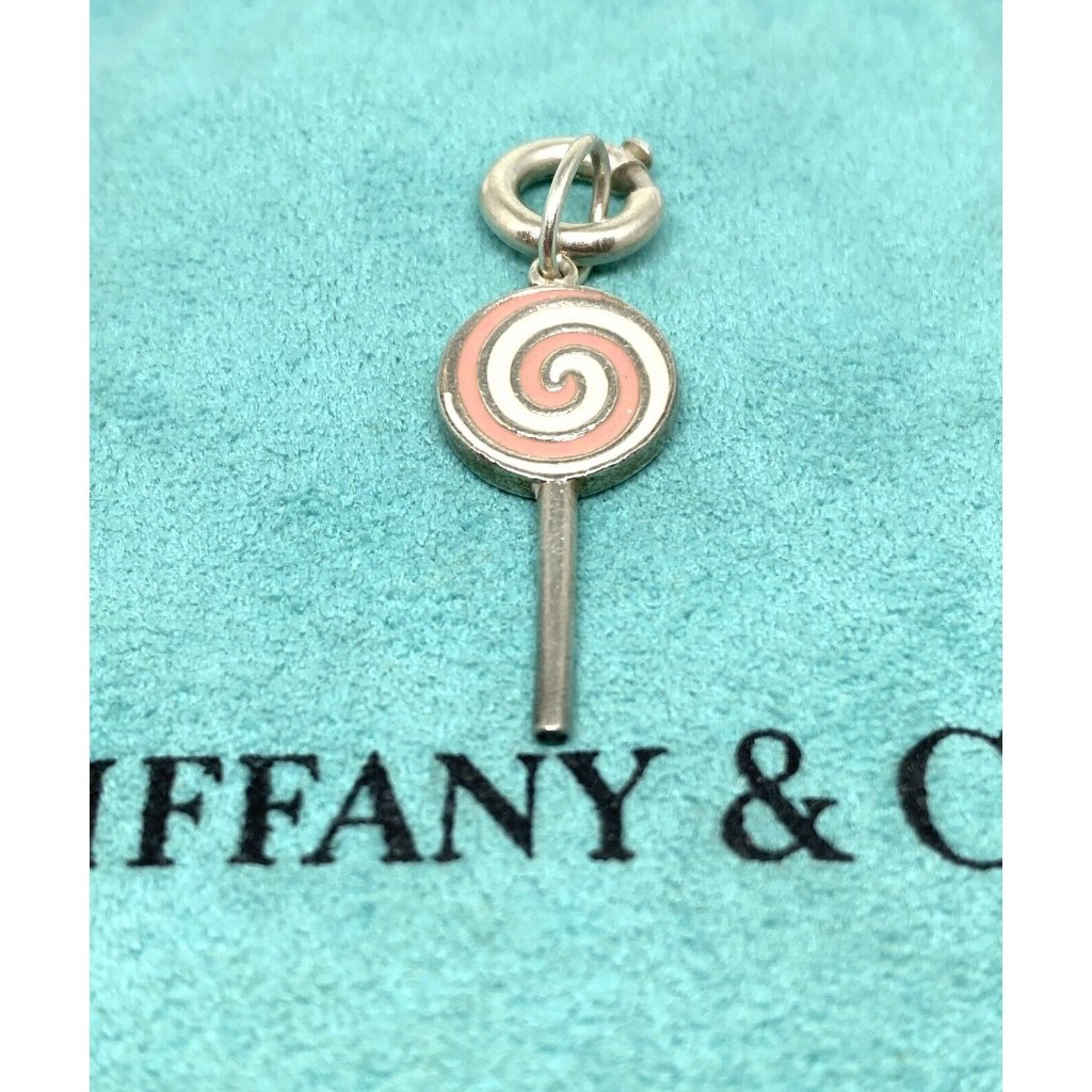 Tiffany & Co Silver Pink Enamel Lollipop Charm Pendant Box Included